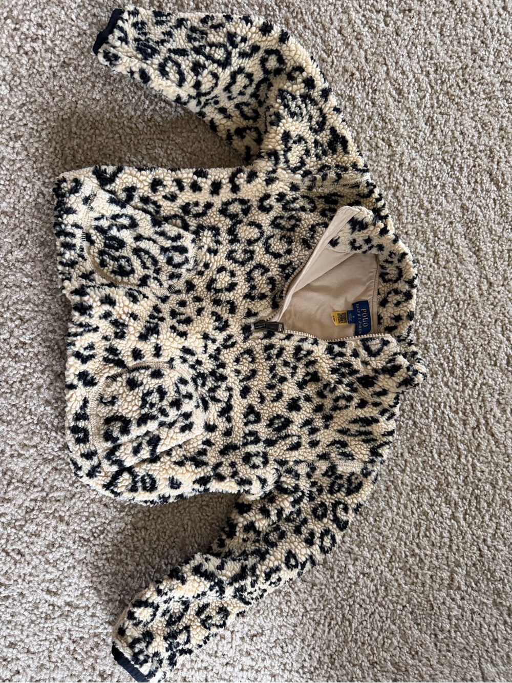 Polo by Ralph Lauren Cream and Black Leopard Sherpa Quarter-Zip Pullover